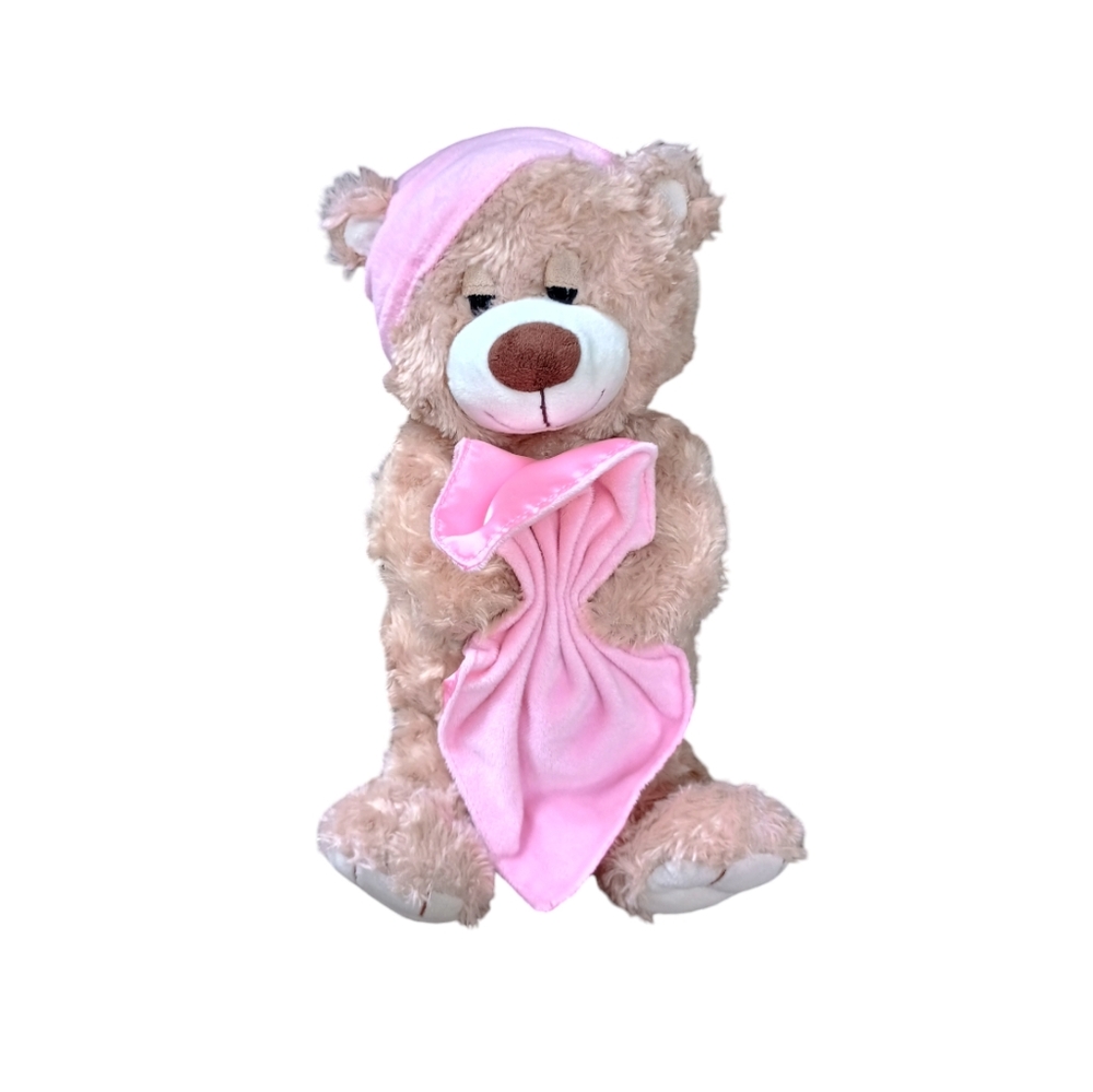 TOYS R US PLUSH SLEEPY TIME TEDDY BEAR BEDTIME STUFFED TOY PINK SATIN BLANKET